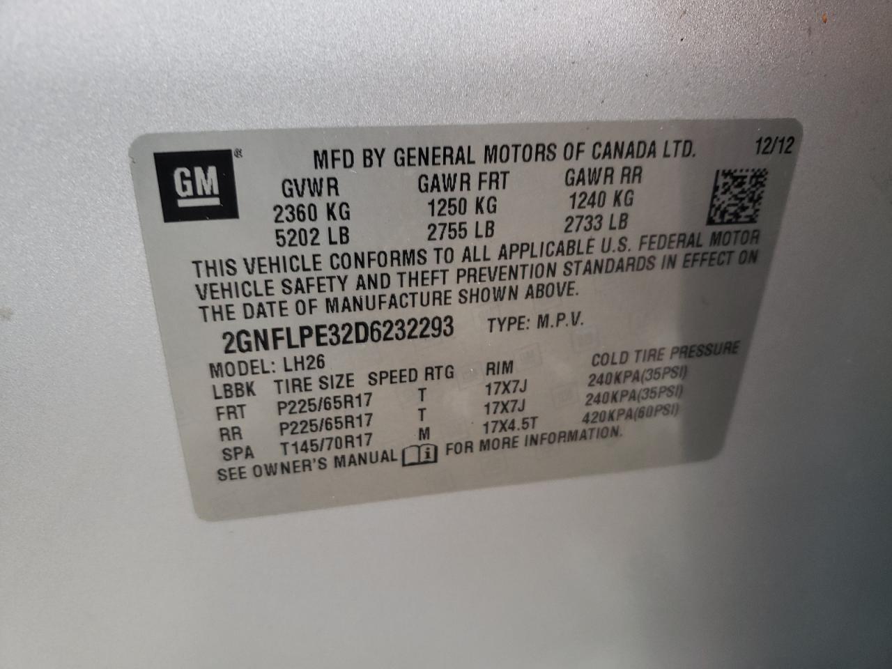 Photo 10 from auction – 2013 CHEVROLET EQUINOX LT with VIN 2GNFLPE32D6232293