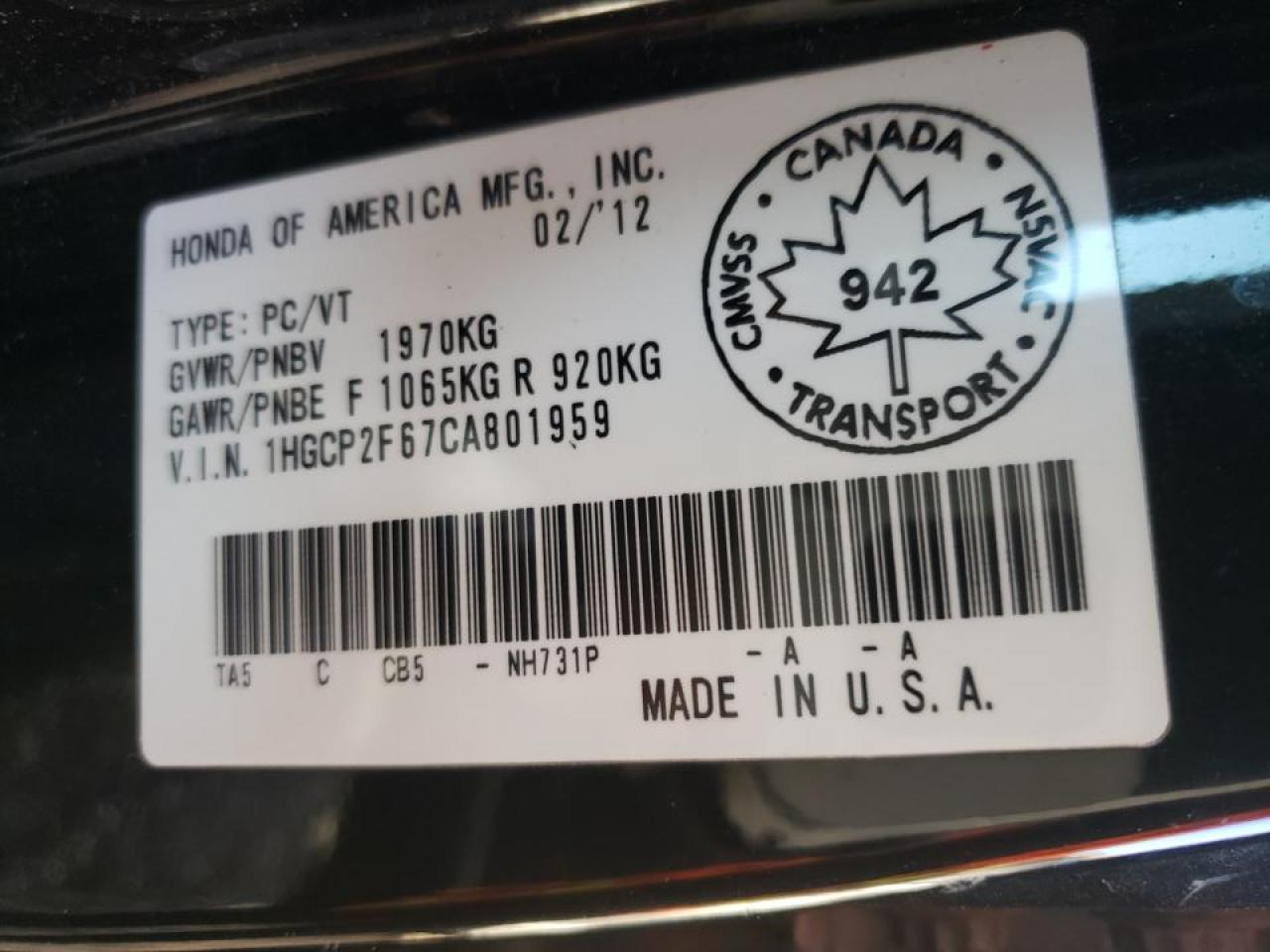 Photo 10 from auction – 2012 HONDA ACCORD SE with VIN 1HGCP2F67CA801959