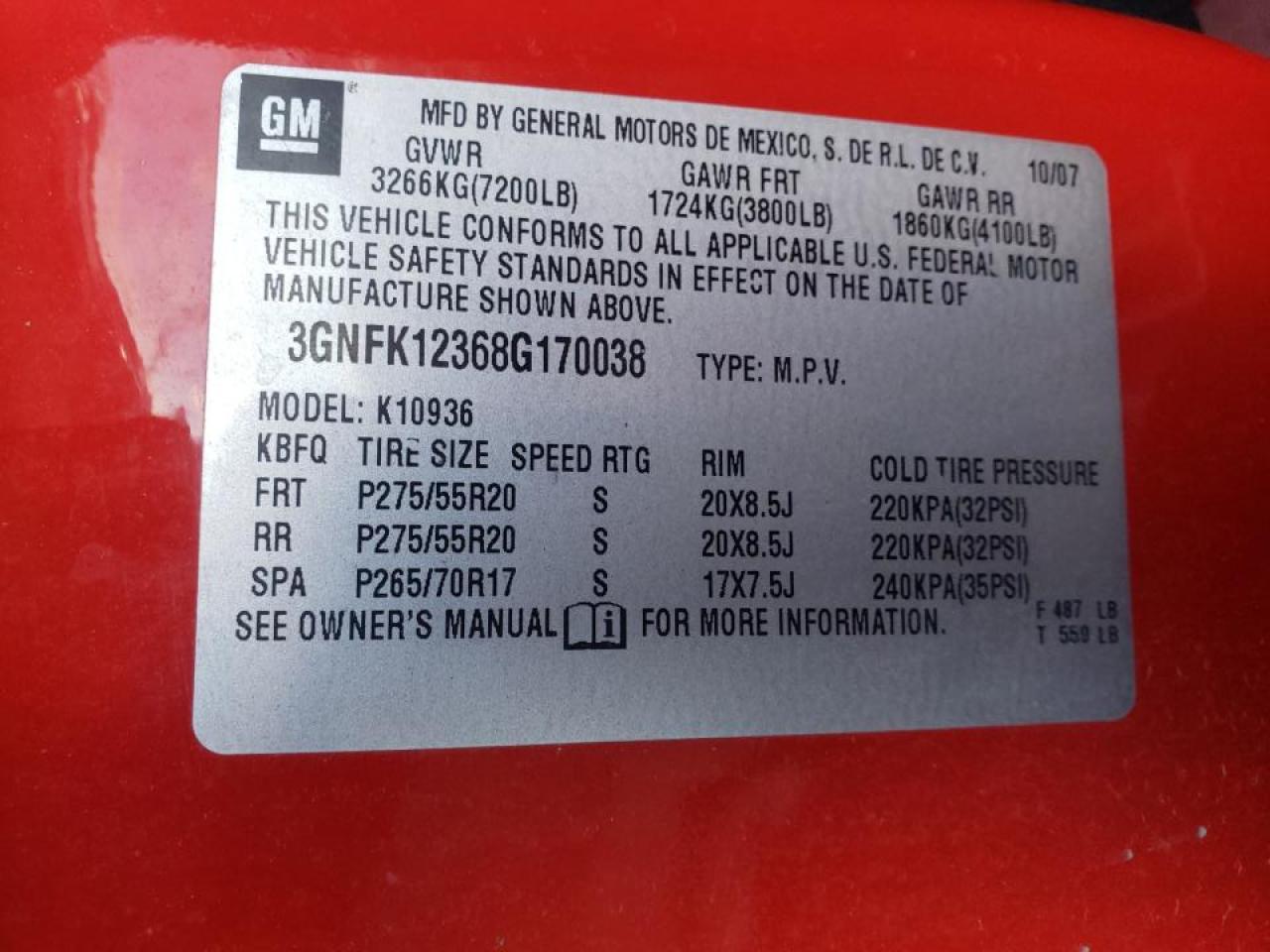 Photo 10 from auction – 2008 CHEVROLET AVALANCHE with VIN 3GNFK12368G170038