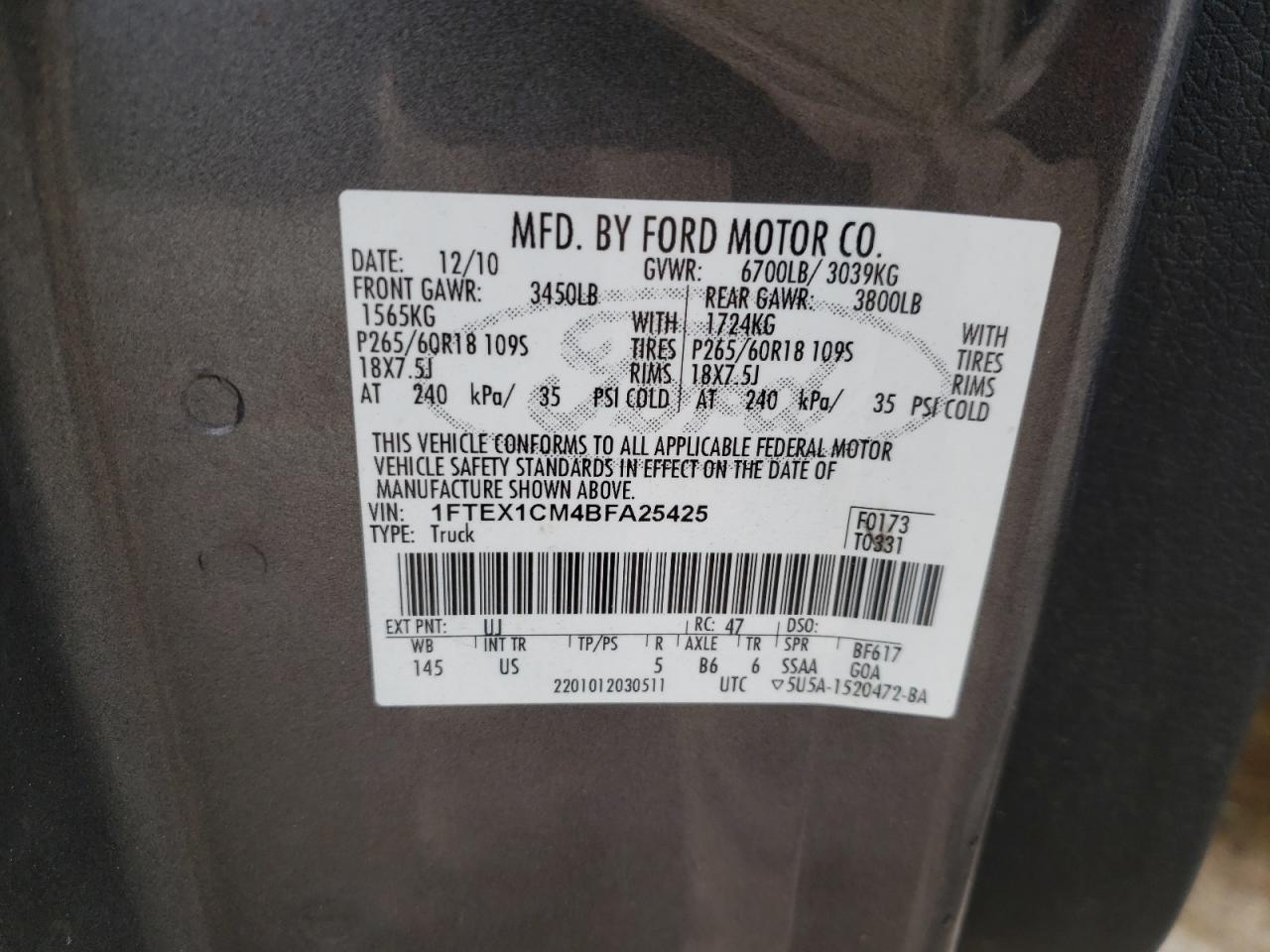 Photo 10 from auction – 2011 FORD F150 SUPER with VIN 1FTEX1CM4BFA25425