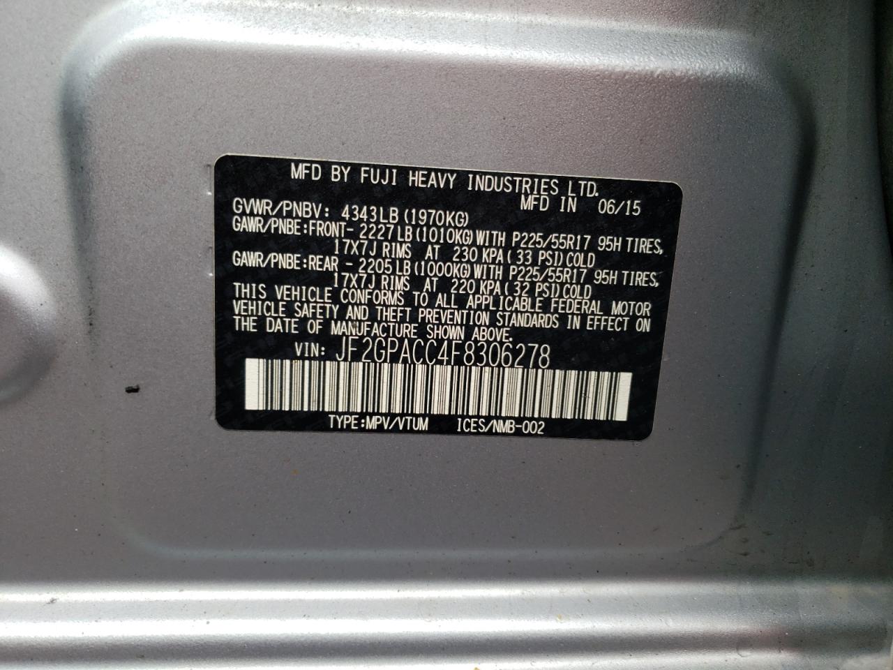 Photo 10 from auction – 2015 SUBARU XV CROSSTR with VIN JF2GPACC4F8306278