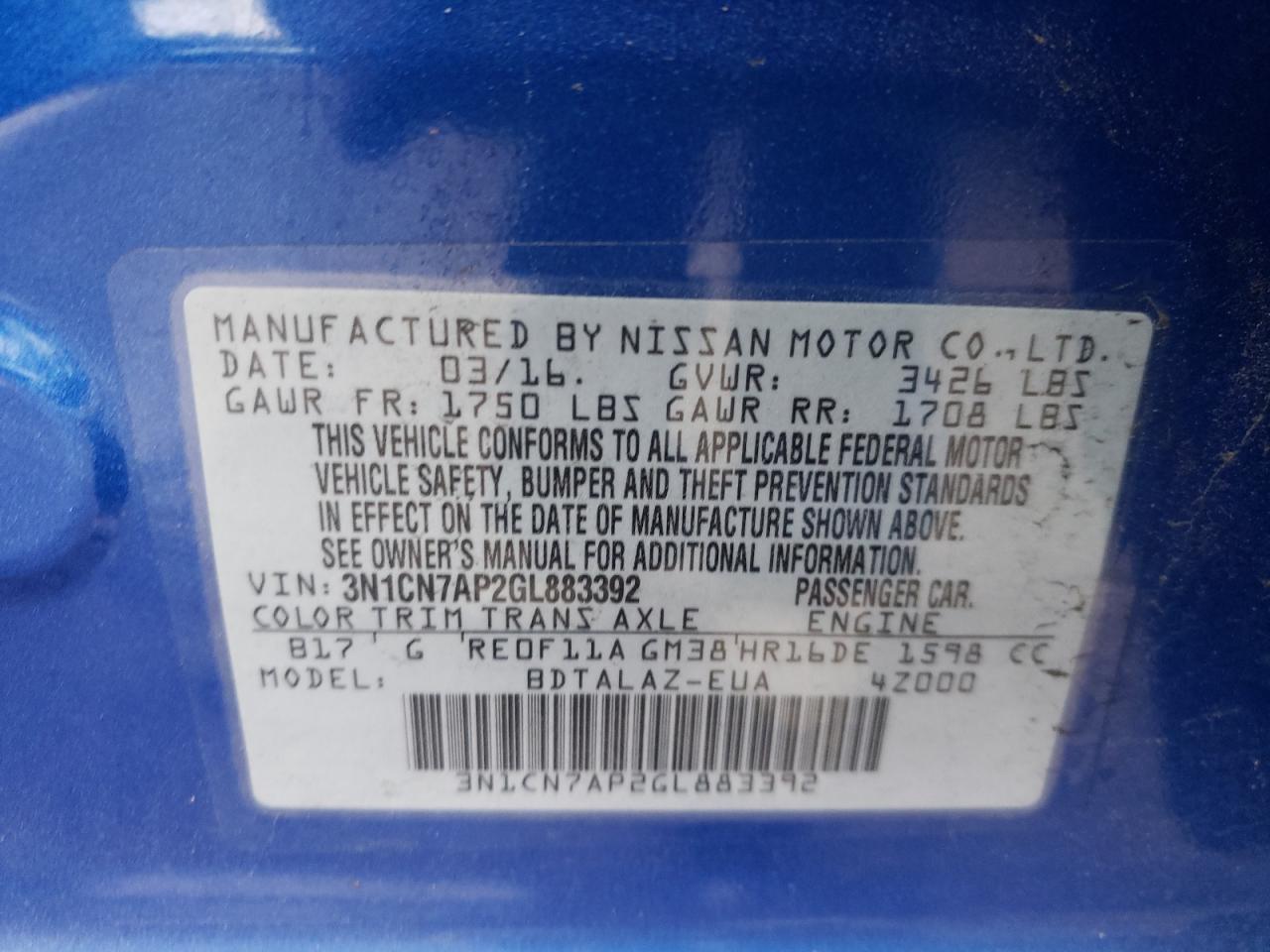 Photo 10 from auction – 2016 NISSAN VERSA S with VIN 3N1CN7AP2GL883392