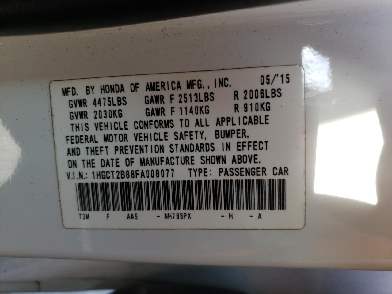 Photo 10 from auction – 2015 HONDA ACCORD EXL with VIN 1HGCT2B88FA008077