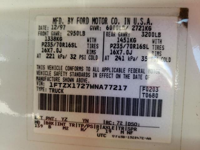 Photo 10 from auction – 1998 FORD F150 with VIN 1FTZX1727WNA77217
