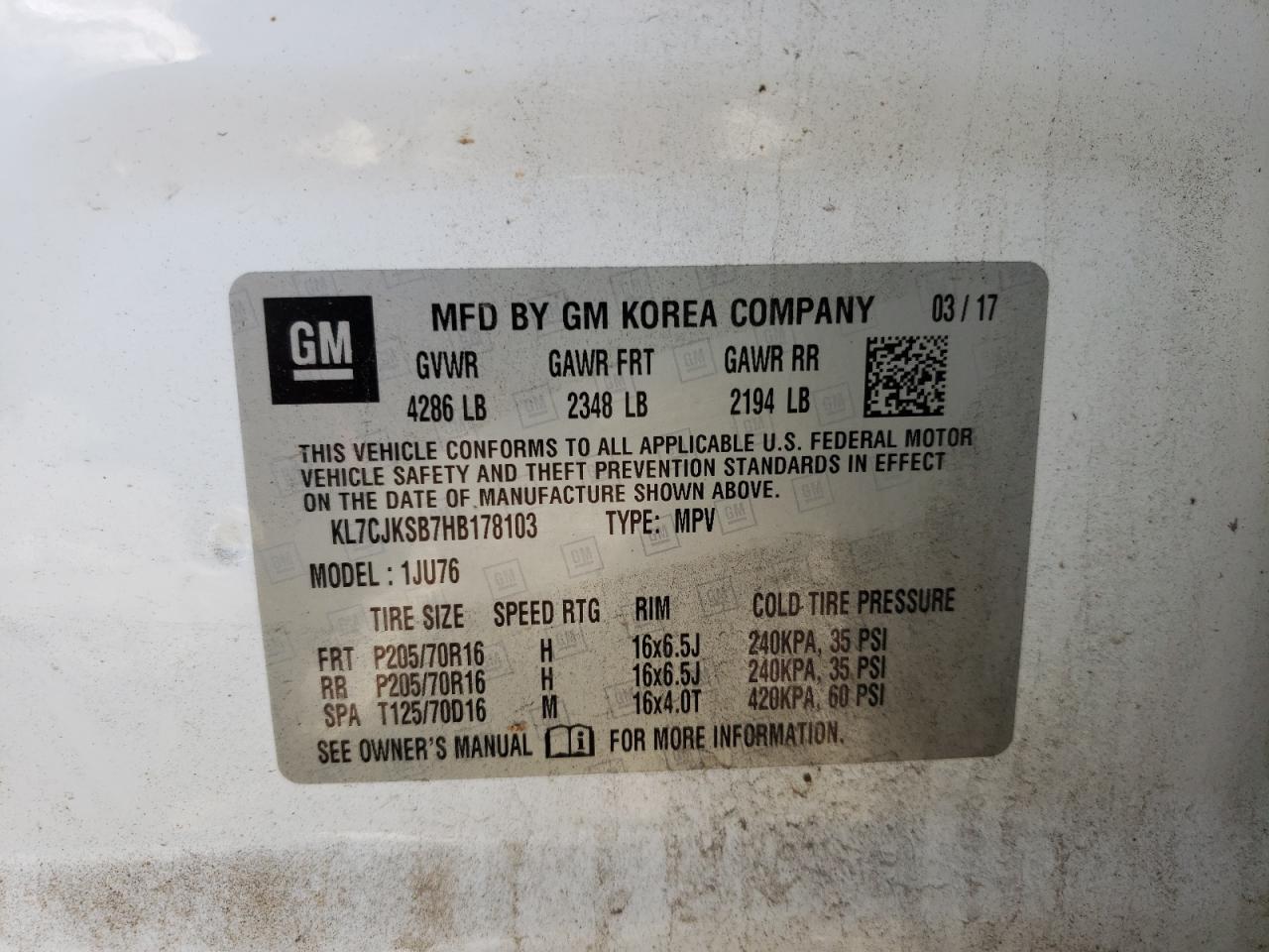 Photo 10 from auction – 2017 CHEVROLET TRAX LS with VIN KL7CJKSB7HB178103