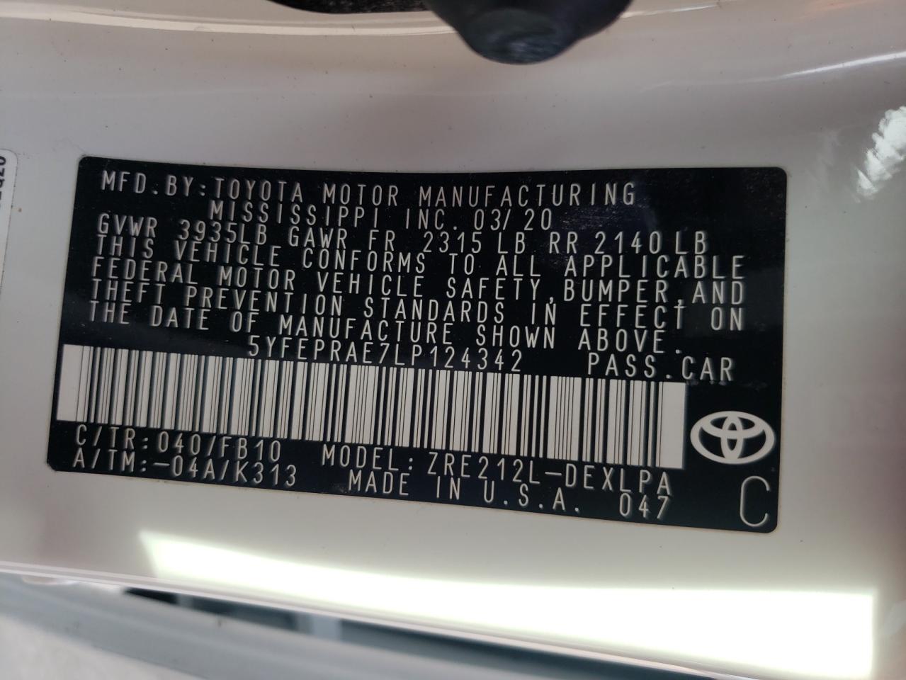 Photo 10 from auction – 2020 TOYOTA COROLLA LE with VIN 5YFEPRAE7LP124342