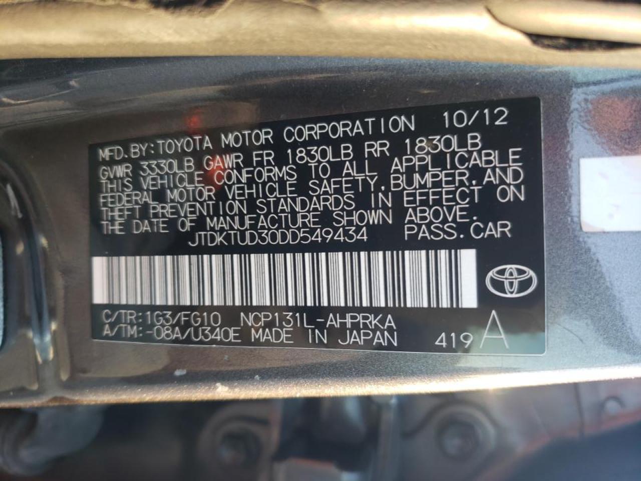 Photo 10 from auction – 2013 TOYOTA YARIS with VIN JTDKTUD30DD549434