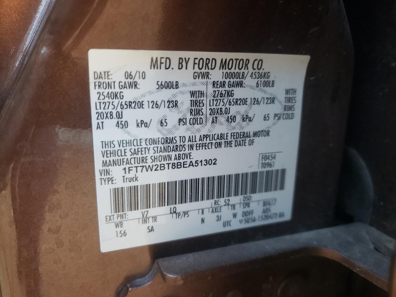 Photo 10 from auction – 2011 FORD F250 SUPER with VIN 1FT7W2BT8BEA51302