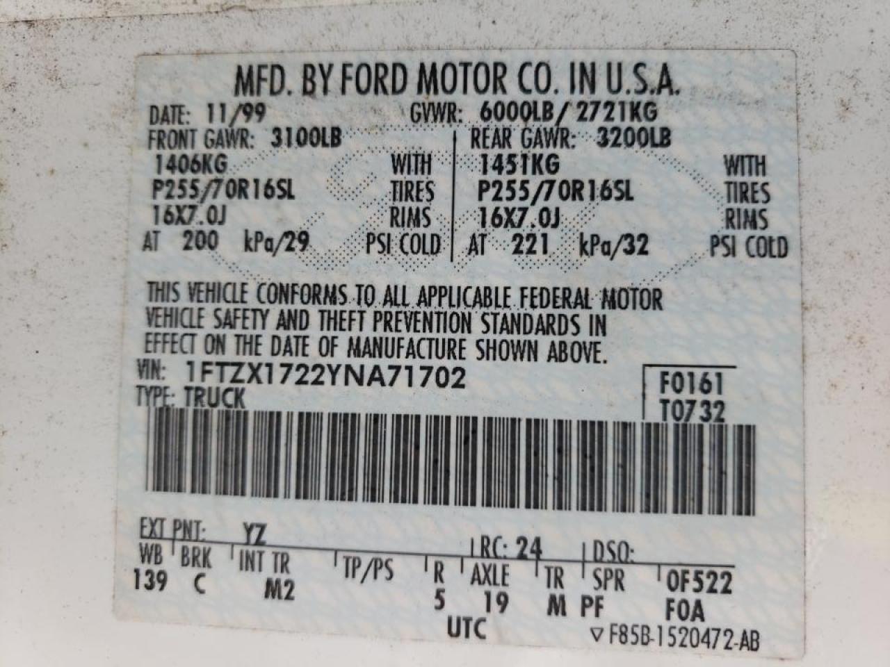 Photo 10 from auction – 2000 FORD F150 with VIN 1FTZX1722YNA71702