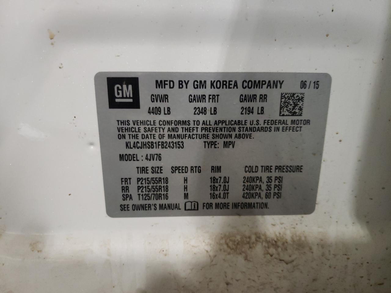 Photo 10 from auction – 2015 BUICK ENCORE PRE with VIN KL4CJHSB1FB243153