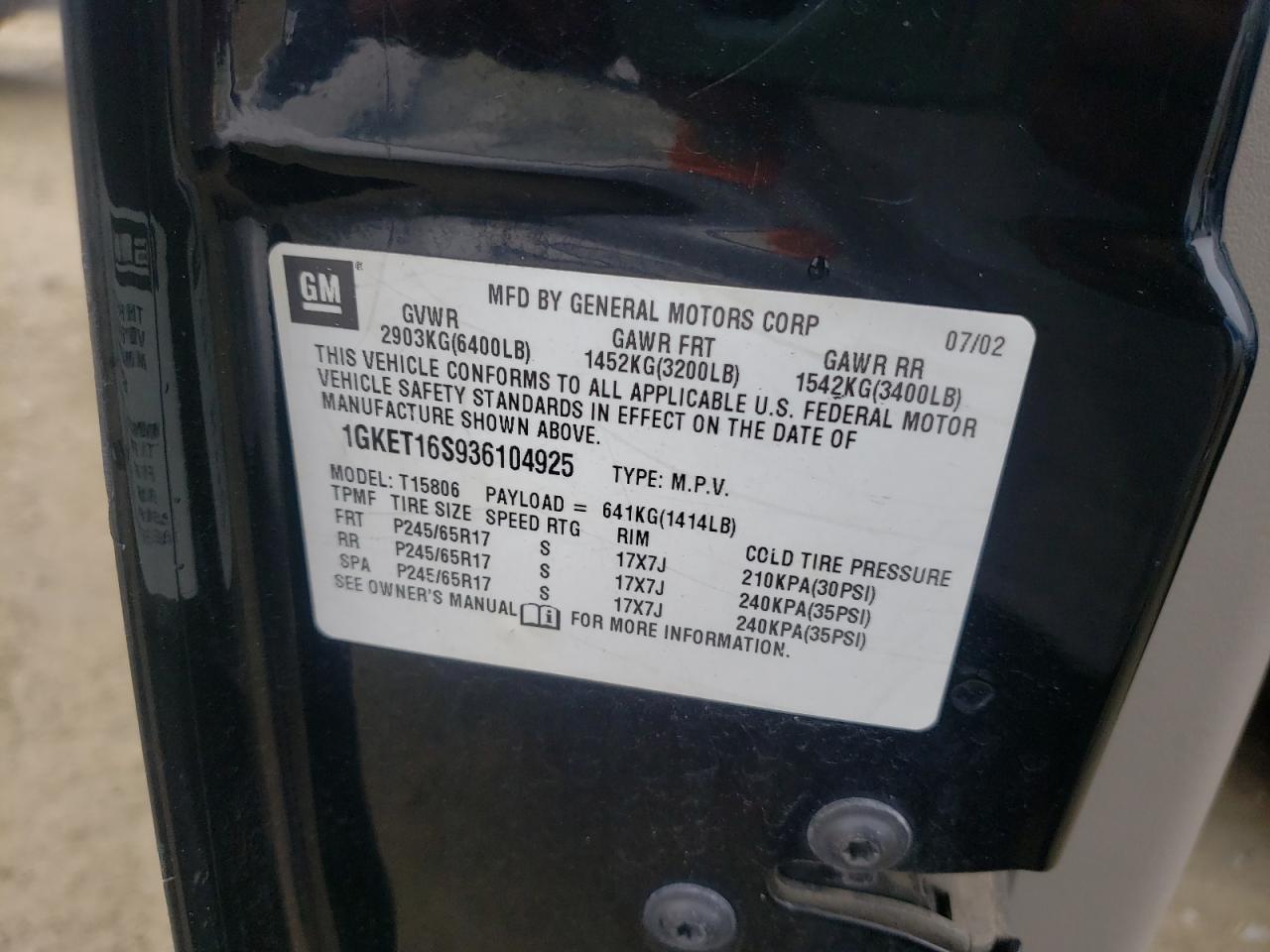 Photo 10 from auction – 2003 GMC ENVOY XL with VIN 1GKET16S936104925
