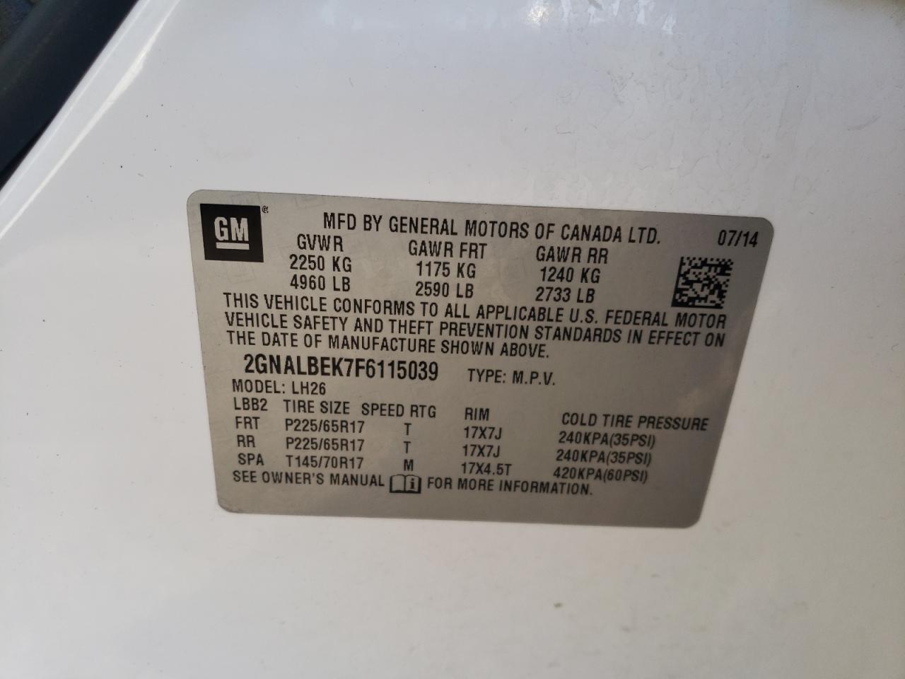 Photo 10 from auction – 2015 CHEVROLET EQUINOX LT with VIN 2GNALBEK7F6115039