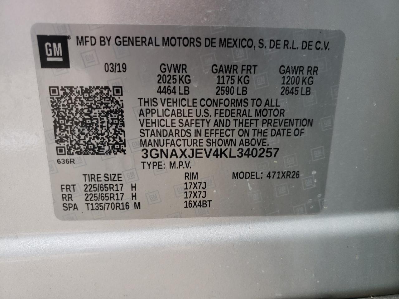 Photo 10 from auction – 2019 CHEVROLET EQUINOX LT with VIN 3GNAXJEV4KL340257