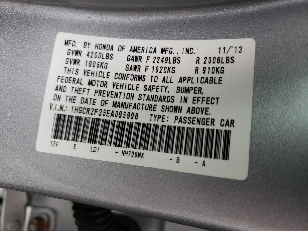 Photo 10 from auction – 2014 HONDA ACCORD LX with VIN 1HGCR2F35EA095996