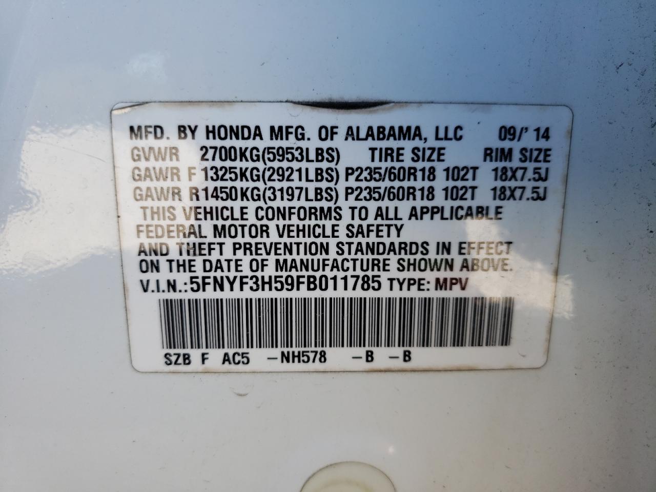 Photo 10 from auction – 2015 HONDA PILOT EXL with VIN 5FNYF3H59FB011785