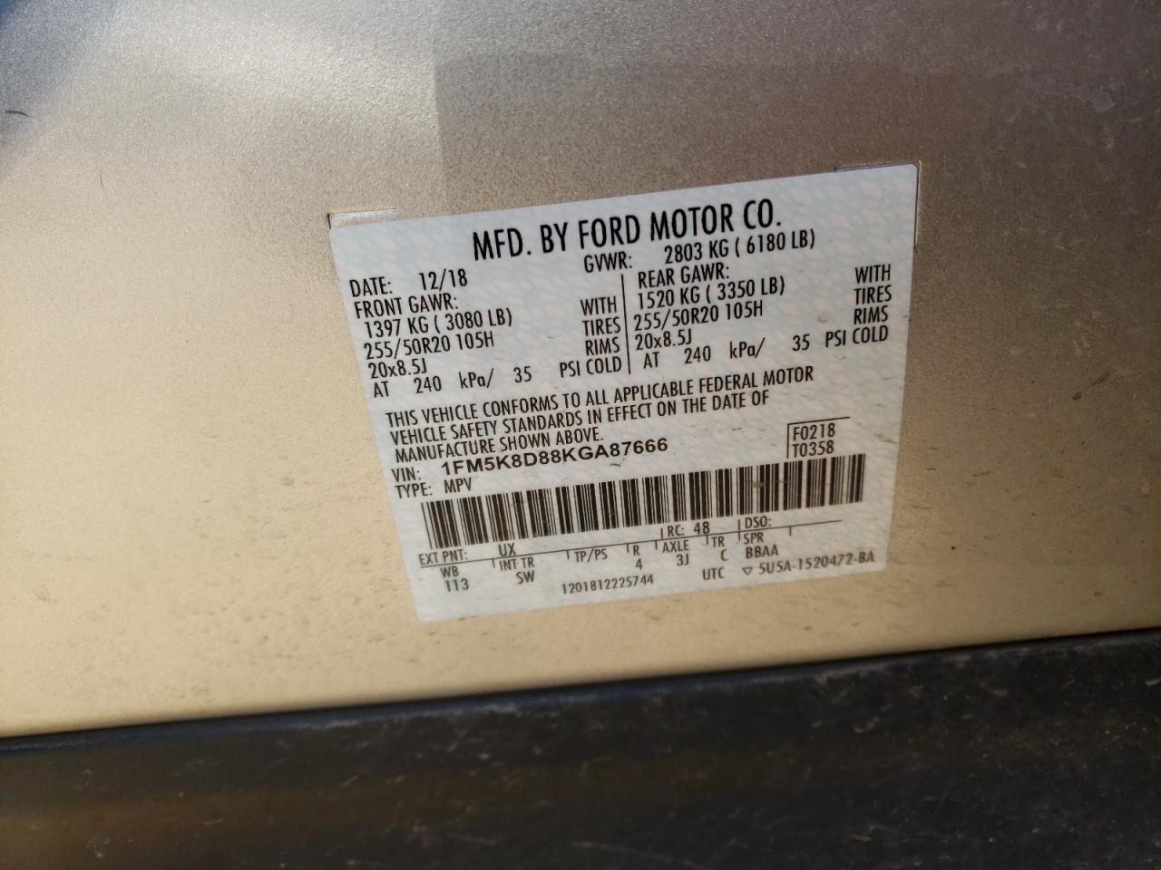 Photo 10 from auction – 2019 FORD EXPLORER X with VIN 1FM5K8D88KGA87666