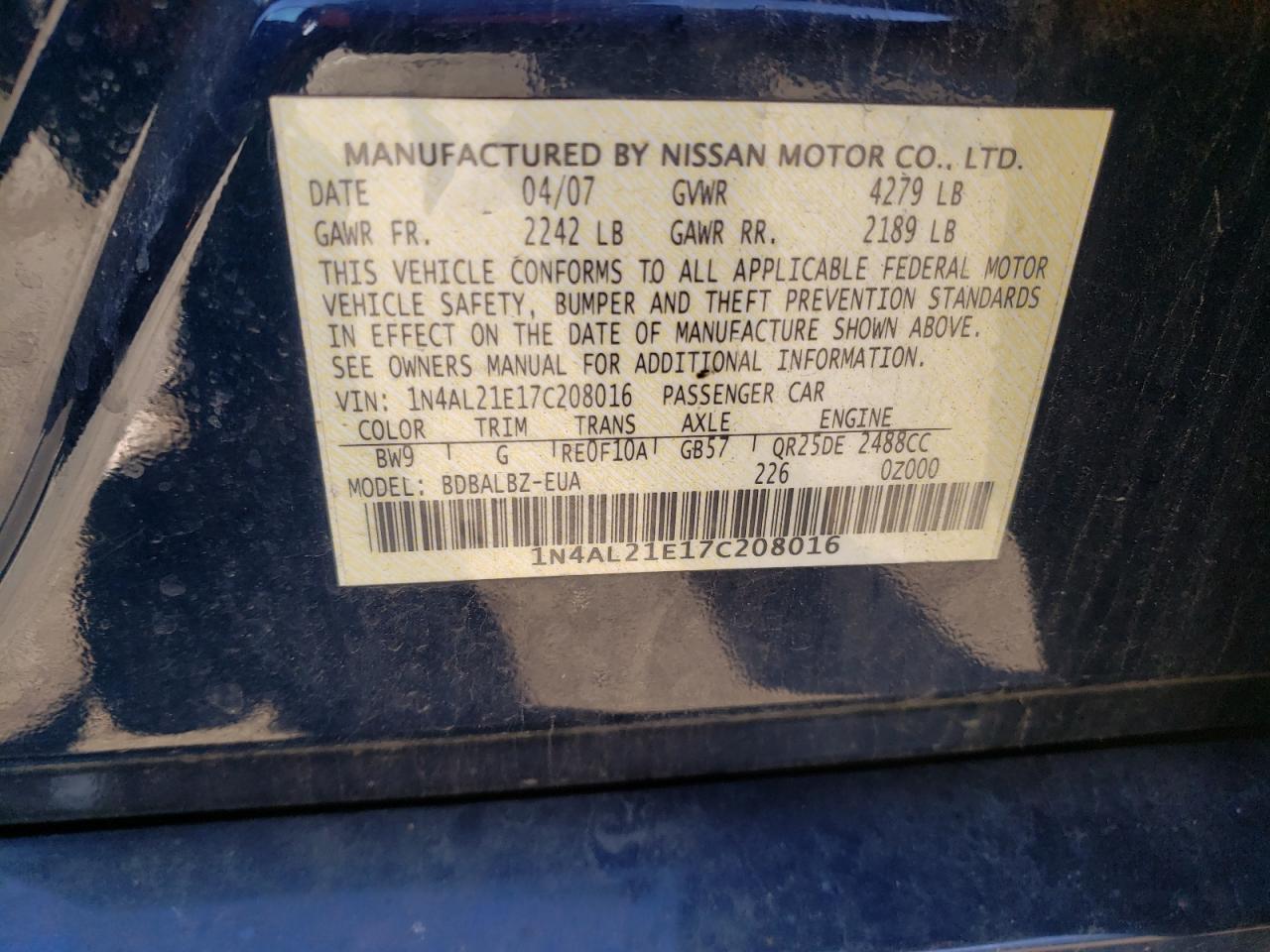 Photo 10 from auction – 2007 NISSAN ALTIMA with VIN 1N4AL21E17C208016