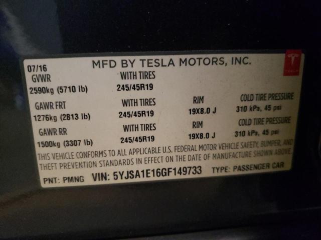 Photo 10 from auction – 2016 TESLA MODEL S with VIN 5YJSA1E16GF149733