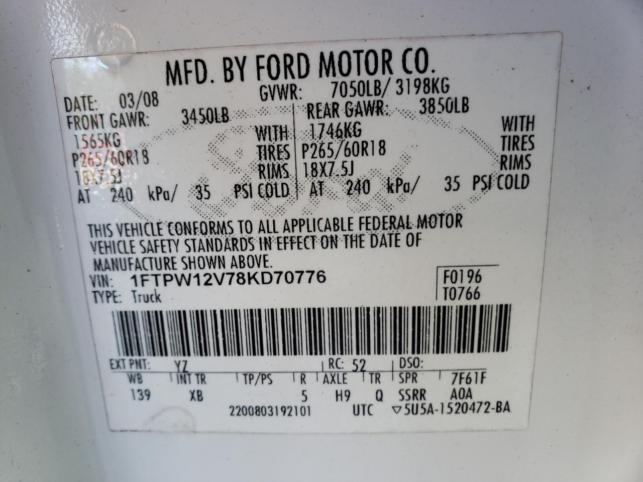 Photo 10 from auction – 2008 FORD F150 SUPER with VIN 1FTPW12V78KD70776