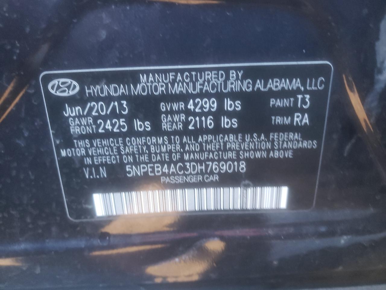 Photo 10 from auction – 2013 HYUNDAI SONATA GLS with VIN 5NPEB4AC3DH769018