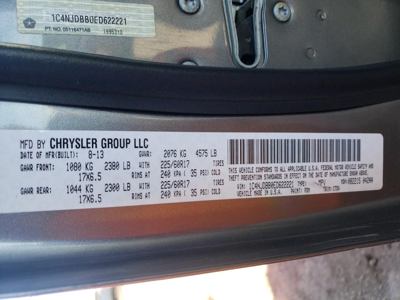 Photo 10 from auction – 2014 JEEP COMPASS SP with VIN 1C4NJDBB0ED622221