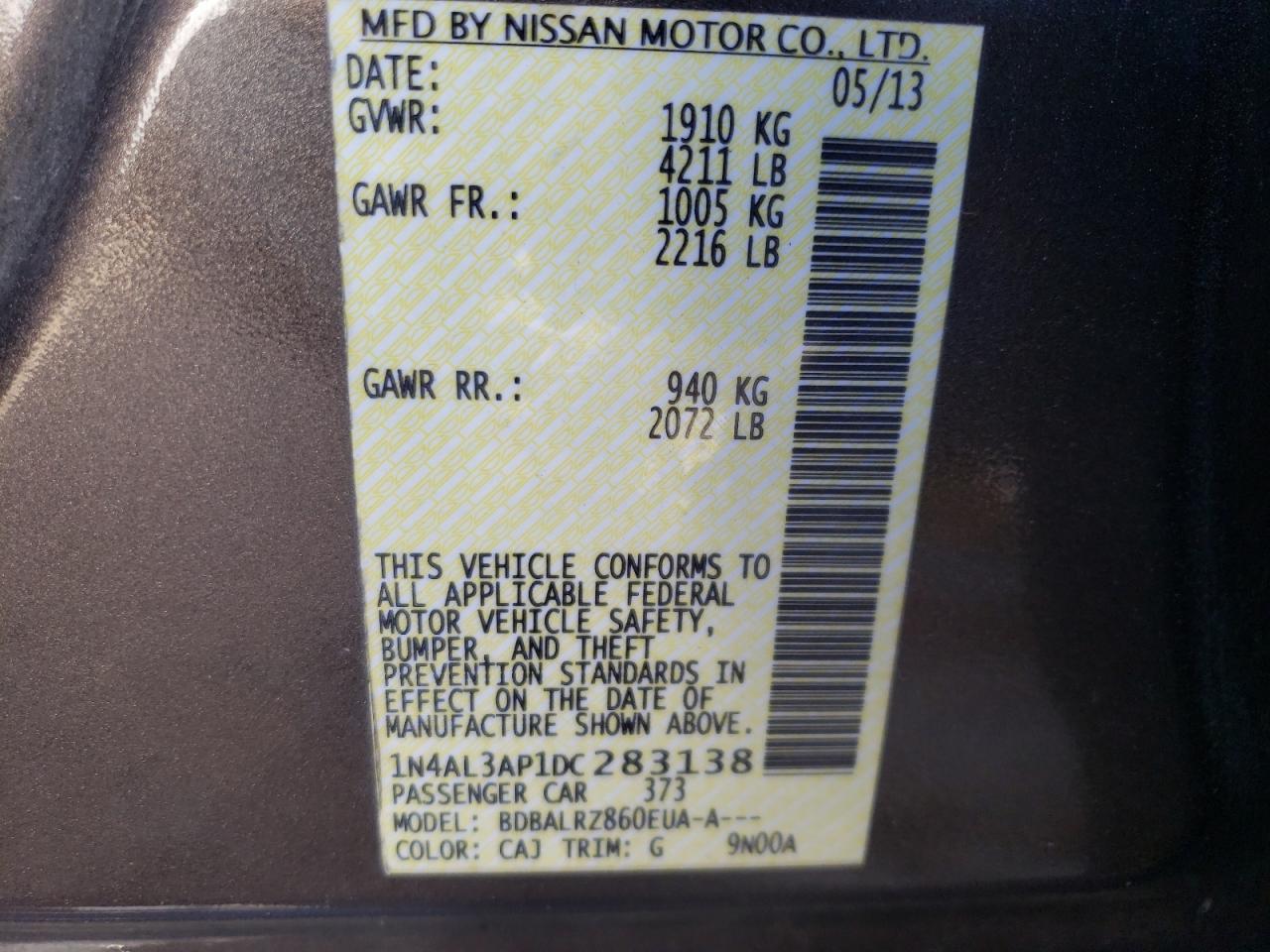 Photo 10 from auction – 2013 NISSAN ALTIMA 2.5 with VIN 1N4AL3AP1DC283138