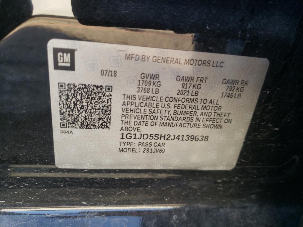 Photo 10 from auction – 2018 CHEVROLET SONIC LT with VIN 1G1JD5SH2J4139638