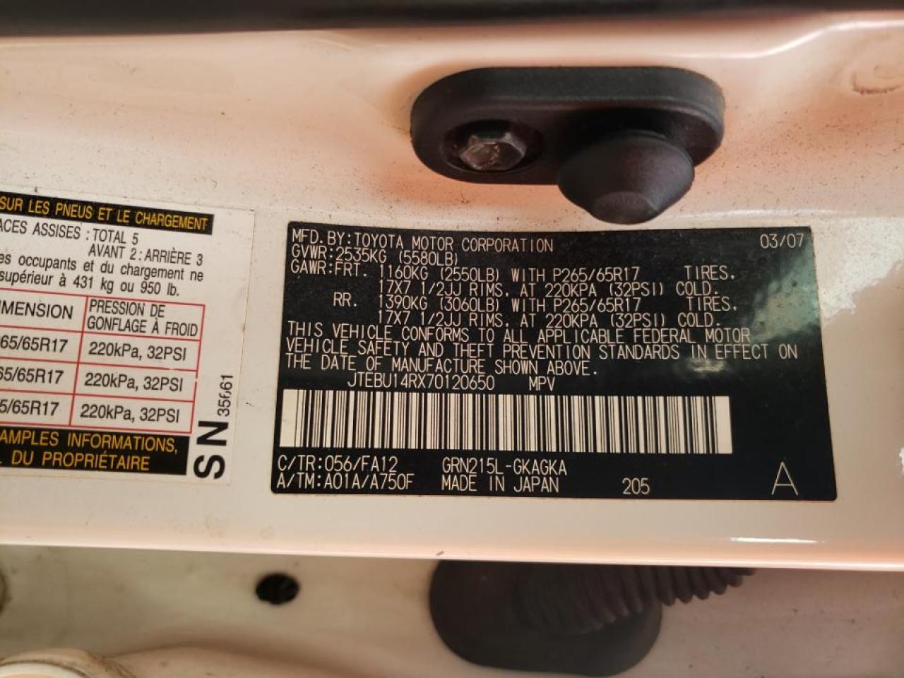 Photo 10 from auction – 2007 TOYOTA 4RUNNER SR with VIN JTEBU14RX70120650