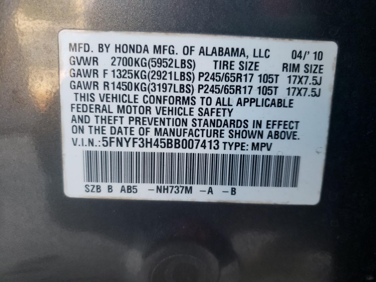 Photo 10 from auction – 2011 HONDA PILOT EX with VIN 5FNYF3H45BB007413