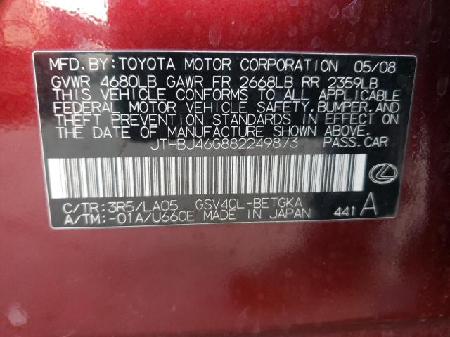 Photo 10 from auction – 2008 LEXUS ES 350 with VIN JTHBJ46G882249873