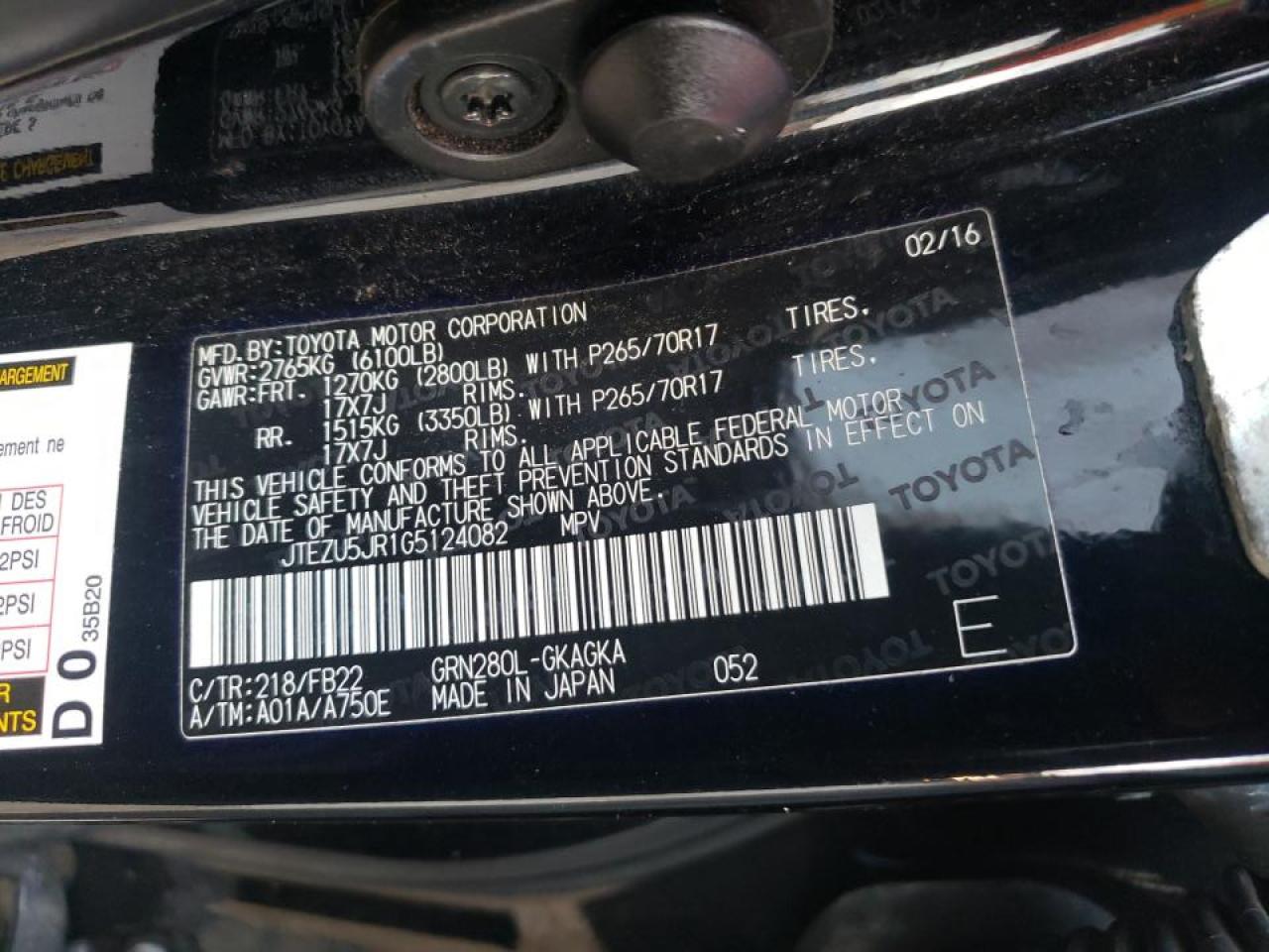 Photo 10 from auction – 2016 TOYOTA 4RUNNER SR with VIN JTEZU5JR1G5124082