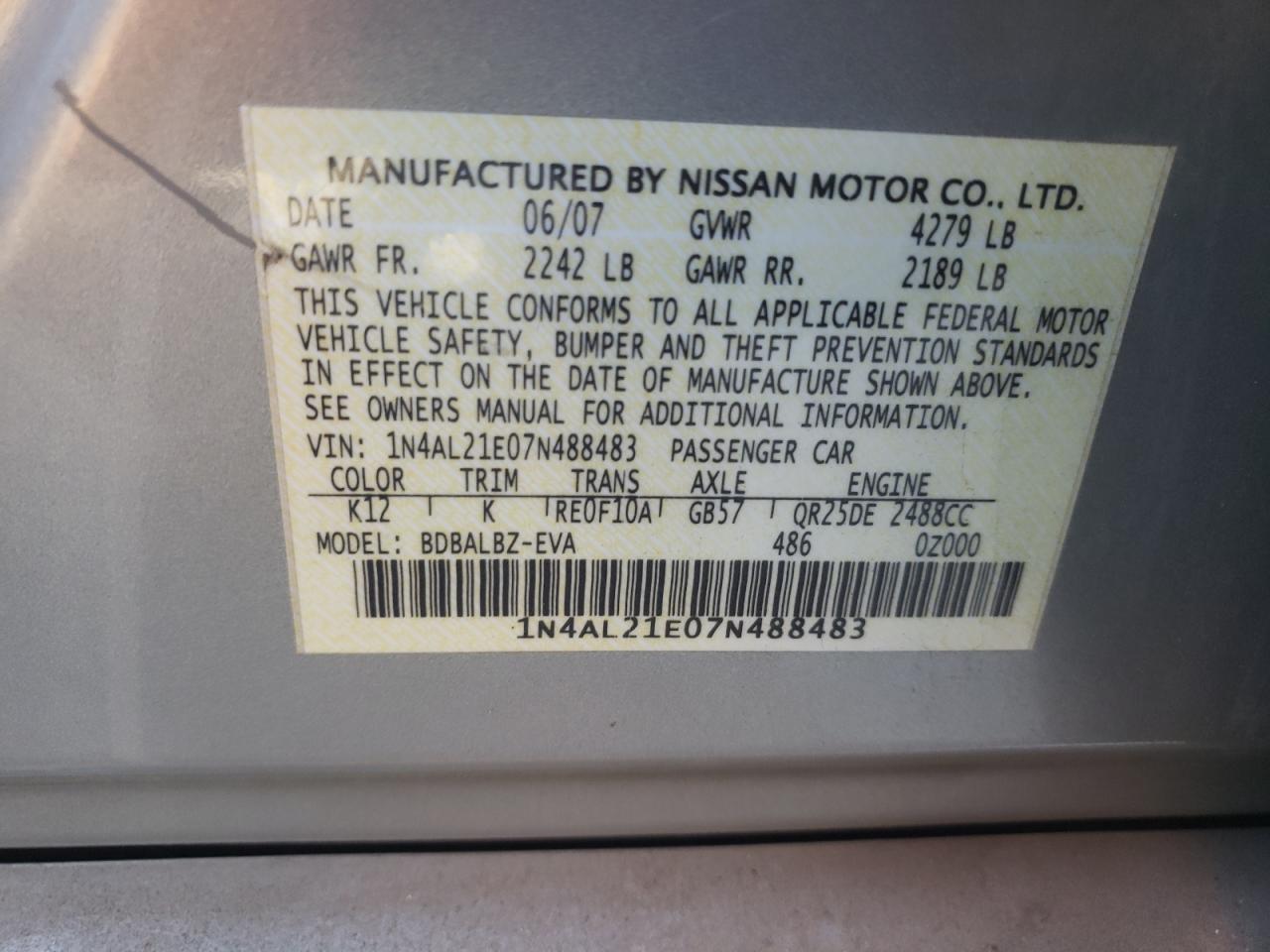 Photo 10 from auction – 2007 NISSAN ALTIMA 2.5 with VIN 1N4AL21E07N488483