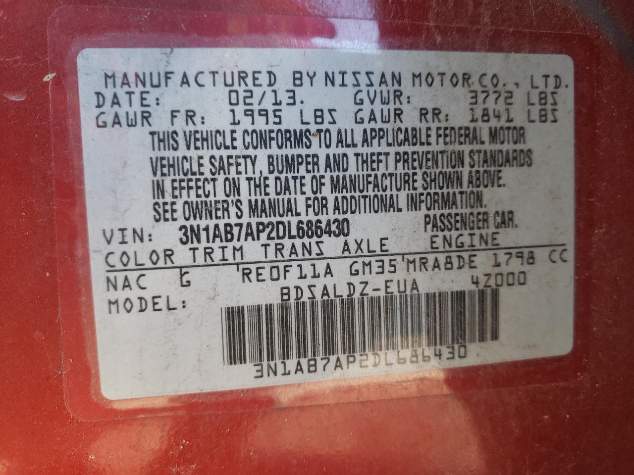 Photo 10 from auction – 2013 NISSAN SENTRA S with VIN 3N1AB7AP2DL686430