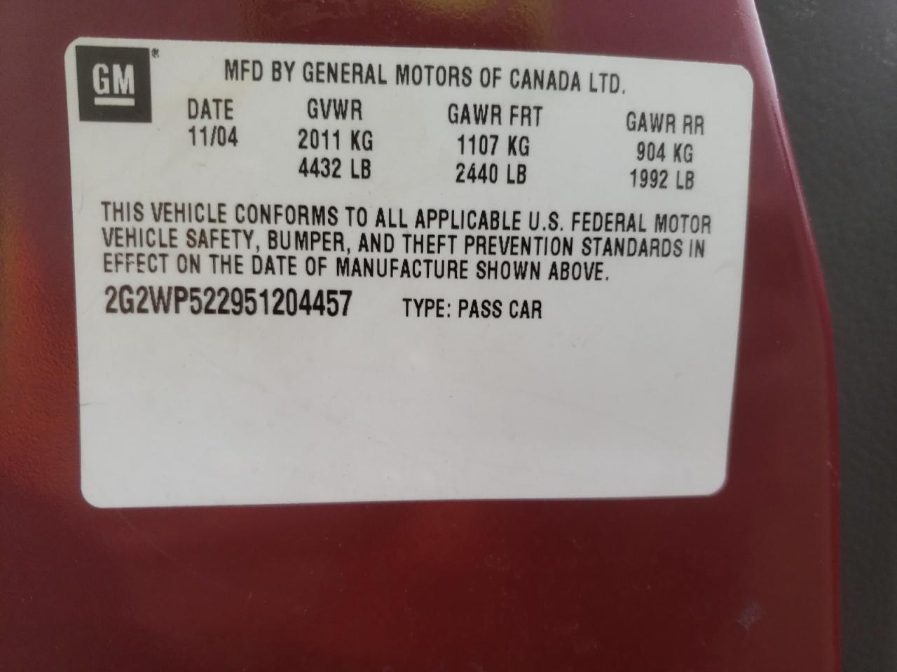 Photo 10 from auction – 2005 PONTIAC GRAND PRIX with VIN 2G2WP522951204457
