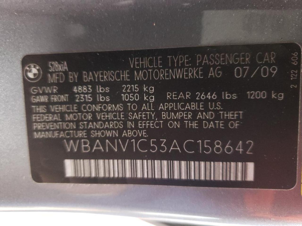 Photo 10 from auction – 2010 BMW 528 XI with VIN WBANV1C53AC158642