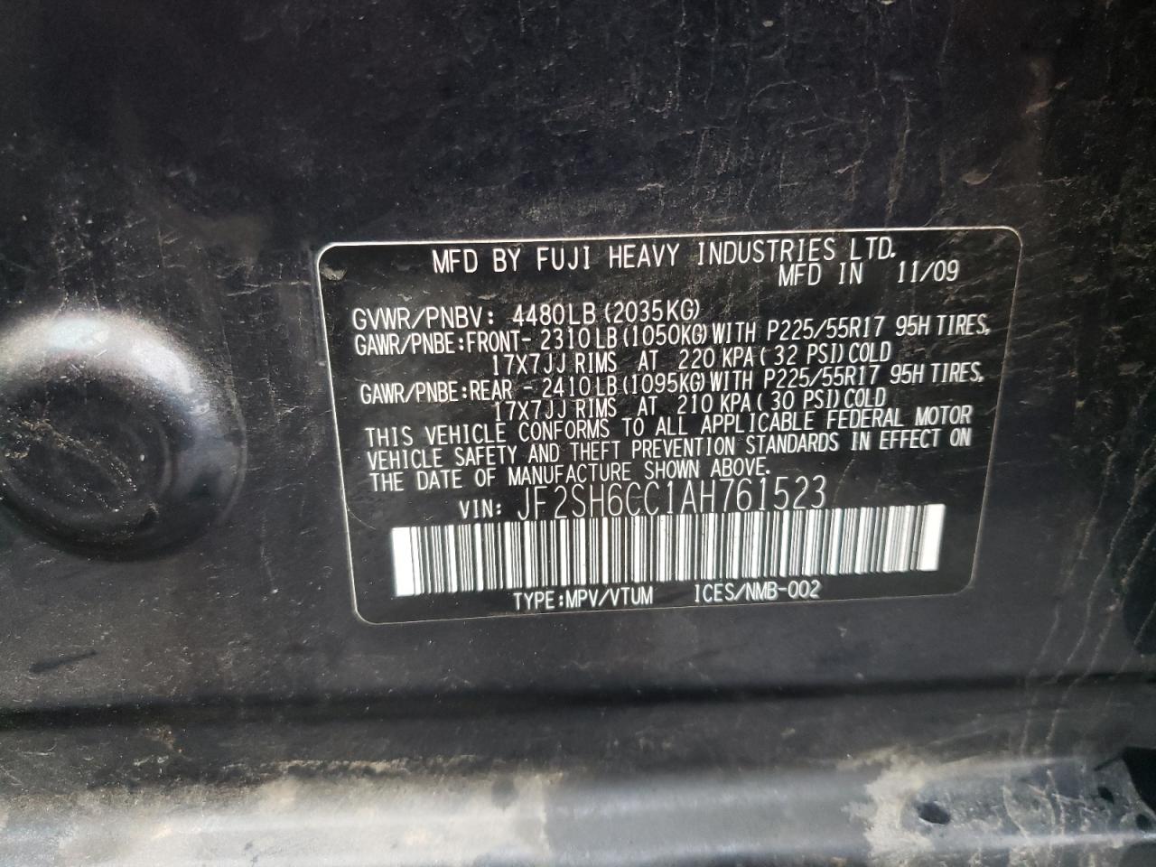 Photo 10 from auction – 2010 SUBARU FORESTER 2 with VIN JF2SH6CC1AH761523