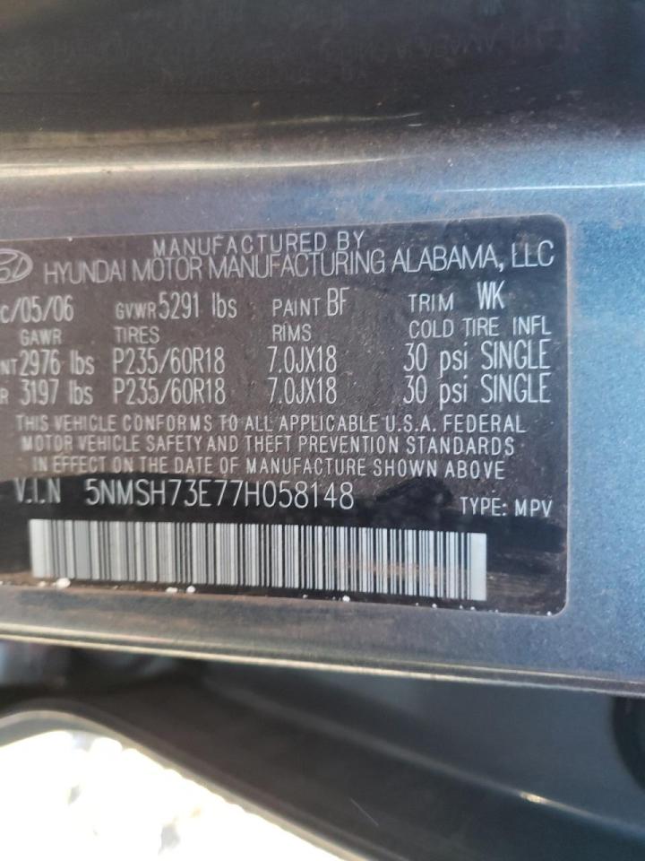 Photo 10 from auction – 2007 HYUNDAI SANTA FE S with VIN 5NMSH73E77H058148