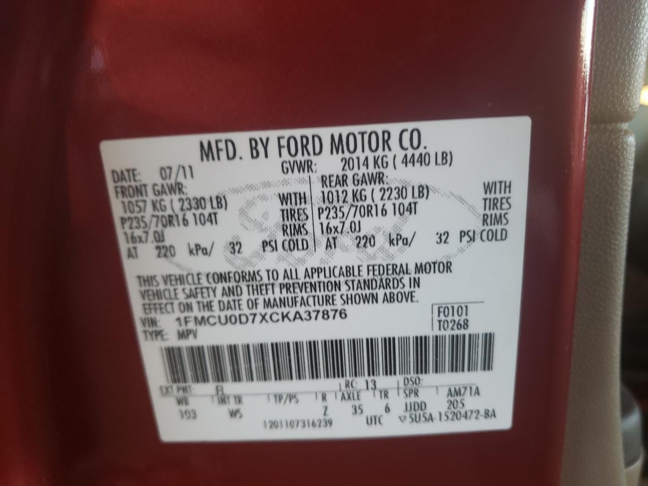 Photo 10 from auction – 2012 FORD ESCAPE XLT with VIN 1FMCU0D7XCKA37876