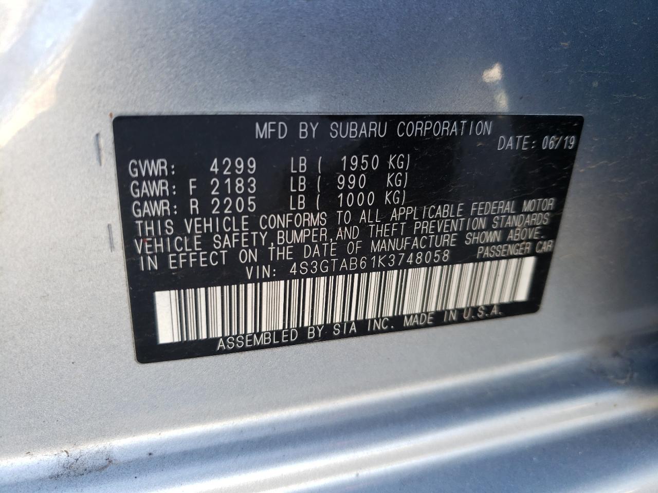 Photo 10 from auction – 2019 SUBARU IMPREZA with VIN 4S3GTAB61K3748058