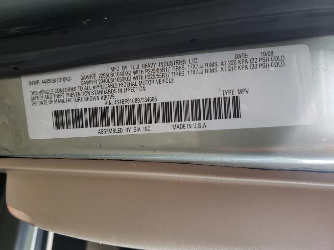 Photo 10 from auction – 2009 SUBARU OUTBACK 2. with VIN 4S4BP61C897334695
