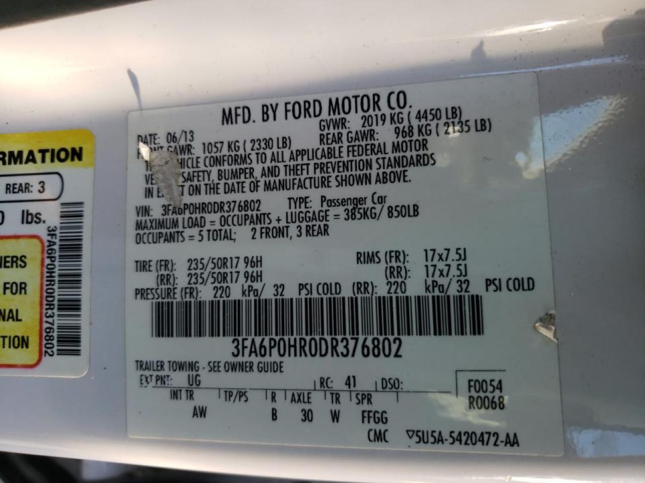 Photo 10 from auction – 2013 FORD FUSION SE with VIN 3FA6P0HR0DR376802