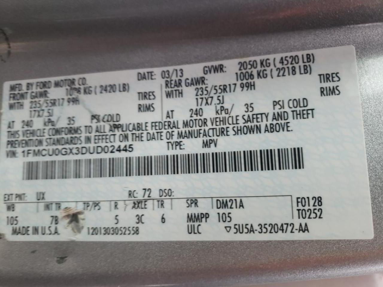 Photo 10 from auction – 2013 FORD ESCAPE SE with VIN 1FMCU0GX3DUD02445