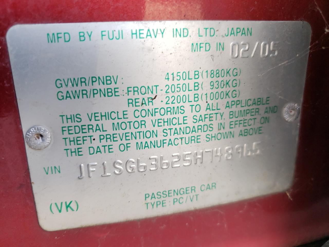 Photo 10 from auction – 2005 SUBARU FORESTER with VIN JF1SG63625H748965