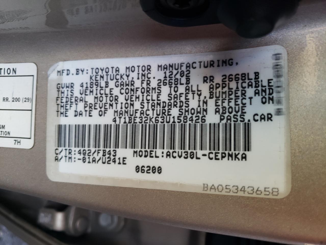 Photo 10 from auction – 2003 TOYOTA CAMRY LE with VIN 4T1BE32K63U158426