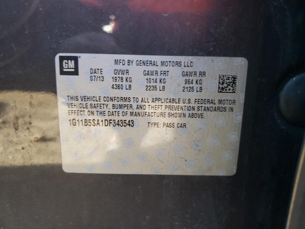 Photo 10 from auction – 2013 CHEVROLET MALIBU LS with VIN 1G11B5SA1DF343543