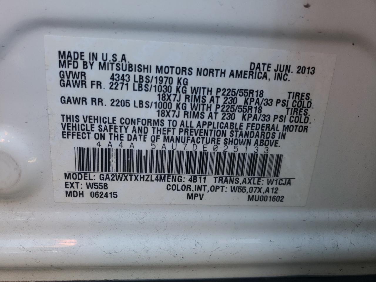Photo 10 from auction – 2013 MITSUBISHI OUTLANDER with VIN 4A4AR5AU7DE025133