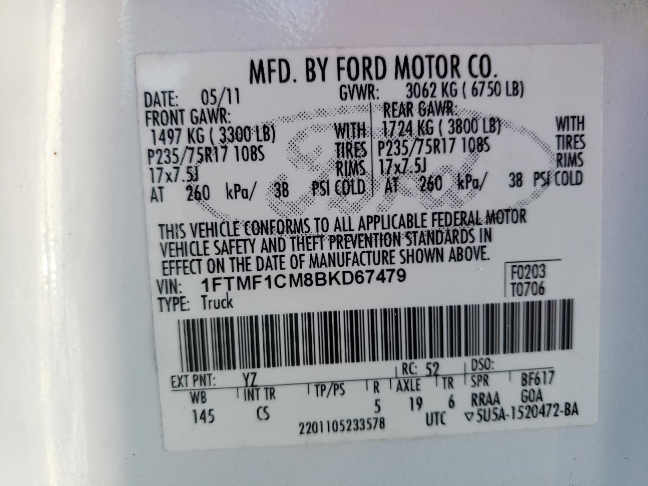 Photo 10 from auction – 2011 FORD F150 with VIN 1FTMF1CM8BKD67479