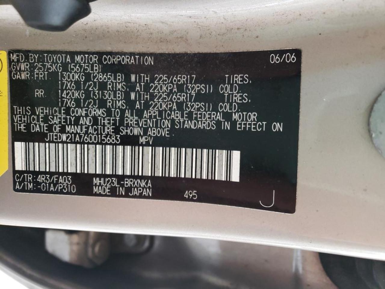 Photo 10 from auction – 2006 TOYOTA HIGHLANDER with VIN JTEDW21A760015683