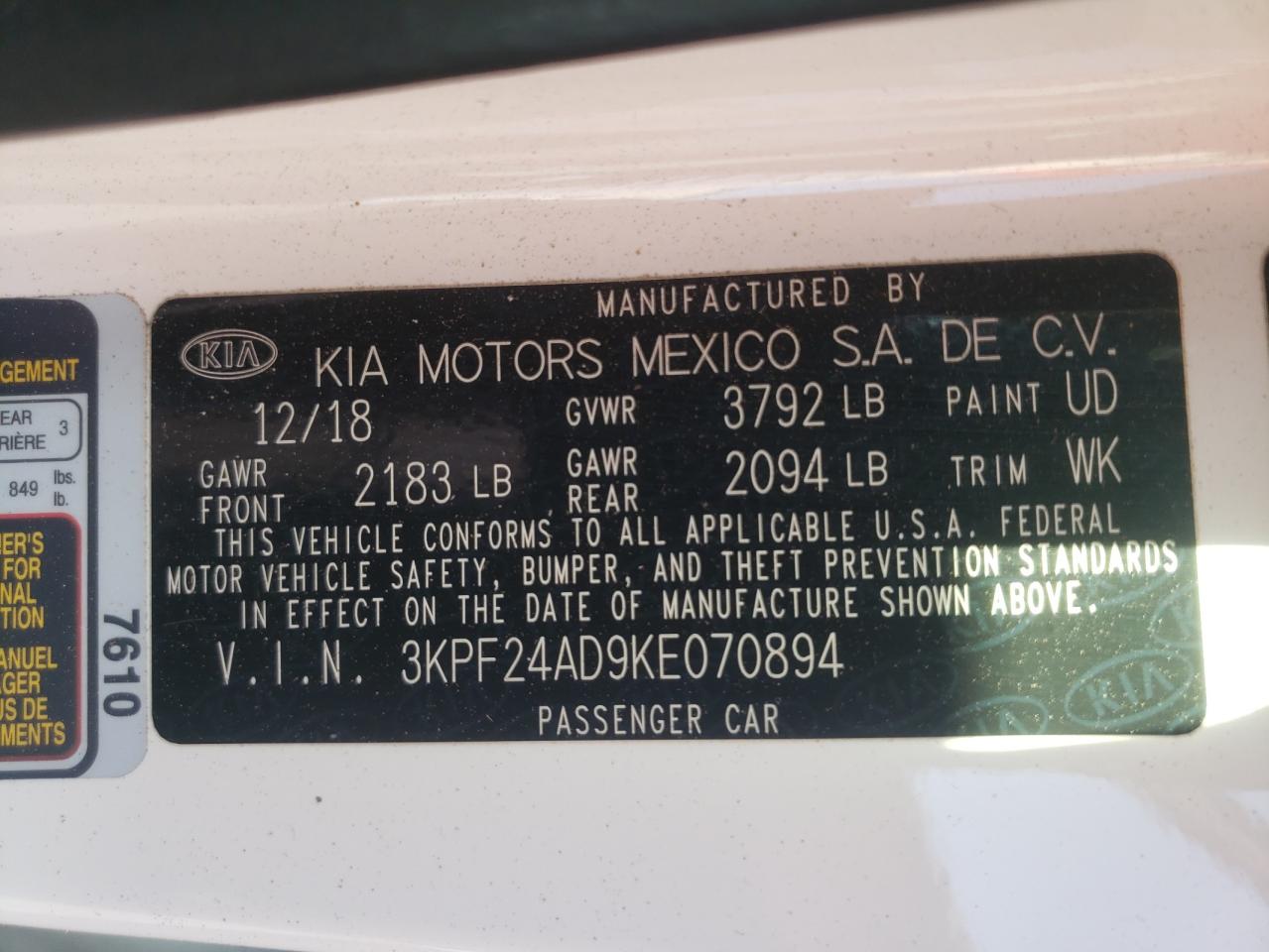 Photo 10 from auction – 2019 KIA FORTE FE with VIN 3KPF24AD9KE070894