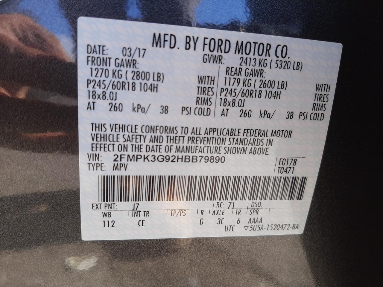Photo 10 from auction – 2017 FORD EDGE SE with VIN 2FMPK3G92HBB79890